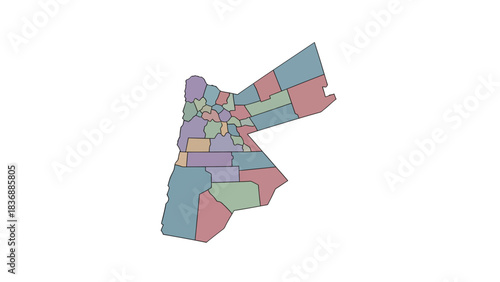 Colorful political map of Jordan showing its administrative divisions and governorates.