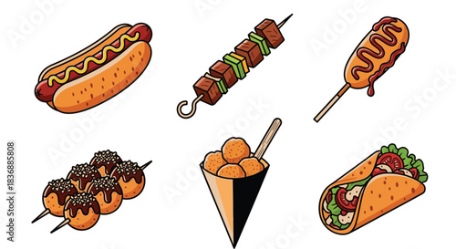 Delicious street food collection with hot dog and tacos