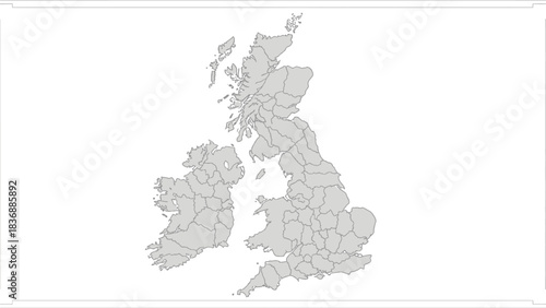 Map of United Kingdom and Ireland showing administrative divisions and country borders, rendered in grayscale