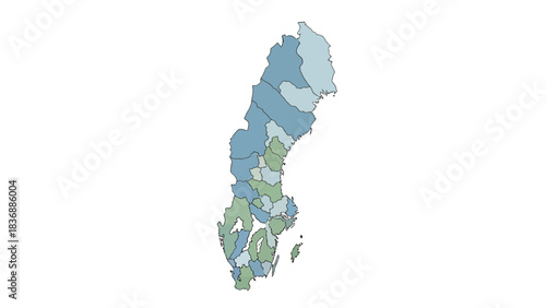Detailed graphic map illustrating the administrative divisions and geographic regions of Sweden,