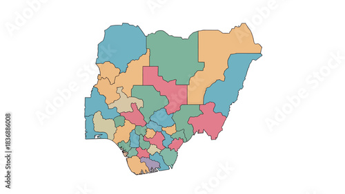 Colorful vector map of Nigeria, detailing its states and administrative divisions. Each region is distinctly colored on a white background, perfect for geographical study and educational resources