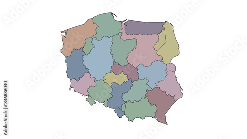 Detailed political map of Poland showcasing its administrative divisions with distinct color coding for each region, ideal for geographical studies and educational resources