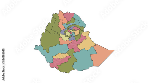 Map of Ethiopia showing administrative regions in different colors