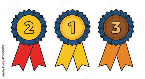 Colorful rosettes for 1st, 2nd, and 3rd place winners