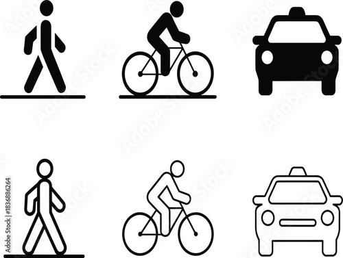 Essential Black and White Vector Icon Set for Urban Traffic and Mobility: Featuring Pedestrian Walking, Cyclist on a Bicycle, and a Front View of a Taxi Cab.
