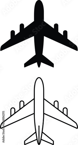Minimalist Black Silhouette and Outline Line Art Vector Icon of a Commercial Passenger Airplane, Representing Air Travel, Aviation, and International Transport.