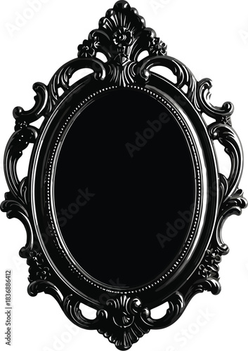 Ornate black mirror with floral details, vintage style, and oval shape