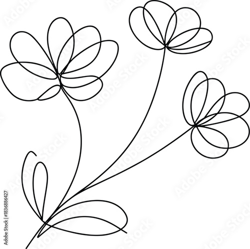 Minimalist Continuous Line Art Vector Illustration of Three Simple Flowers on a Stem with Leaves, Ideal for Abstract Floral Decorations and Minimal Branding.