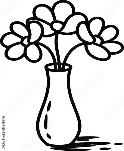 Simple Hand-Drawn Black Outline Vector Illustration of a Bouquet of Blooming Flowers Arranged Elegantly in a Decorative Vase, Perfect for Minimalist Design.