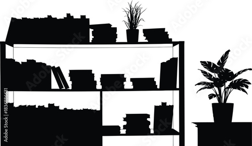 Silhouette bookcase with books and plants for study or home library