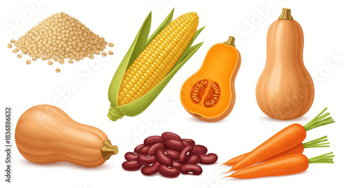 A vibrant collection of healthy vegetables and legumes including corn, butternut squash, carrots, lentils, and red beans on a white background.