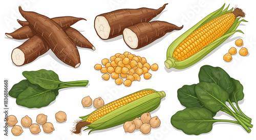An assortment of fresh, healthy plant-based food items including cassava, corn, chickpeas, and spinach, arranged on a white background.