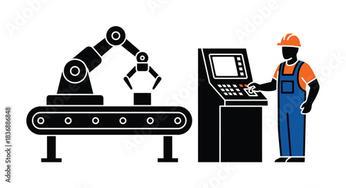 Industrial robot arm and worker in manufacturing setting