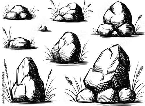 Hand-Drawn Sketch Vector Set of Natural Elements: Featuring Various Pile Configurations of Rocks, Stones, and Pebbles Surrounded by Wild Grass and Weeds.