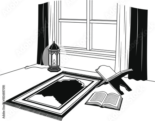Prayer Setting with Rug, Books, and Lantern near Window