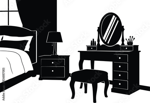 Elegant vanity table with mirror, stool, and bedroom furniture silhouette