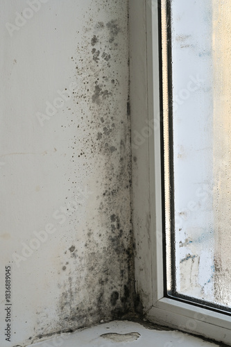 Mold on window in apartment. Dark mold patches spread across damp wall adjacent to window frame. Moisture creating fuzzy organic growth patterns where condensation collects on cold glass. vertical