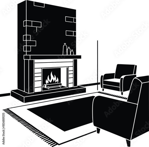 Cozy fireplace with armchairs, bottles, and rug for relaxation