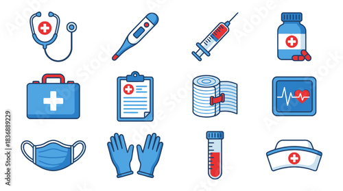Essential medical tools and equipment icons for healthcare designs and medical illustrations, creating a sense of trust and professional care for patients