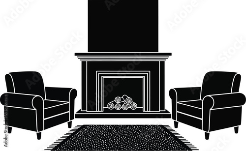 Black fireplace with armchairs and rug, interior design, home comfort