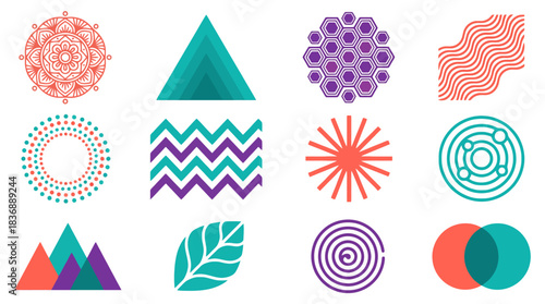 Vibrant collection of geometric shapes offers a modern and eye-catching design element for branding, patterns, and creative projects with a playful aesthetic