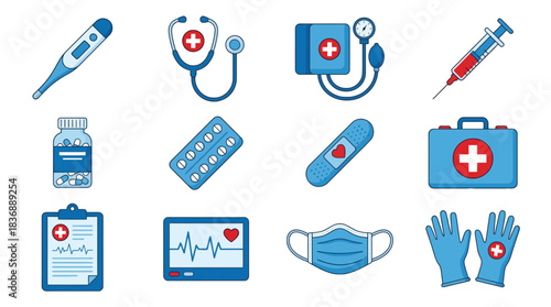 Medical icons set to illustrate healthcare, pharmacy, and wellness in modern designs and presentations for commercial use in health related fields online now