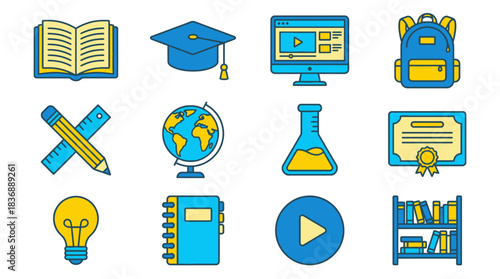 Explore vibrant educational icons for back to school designs and learning resources, perfect for teachers, students, and creative projects that inspire knowledge