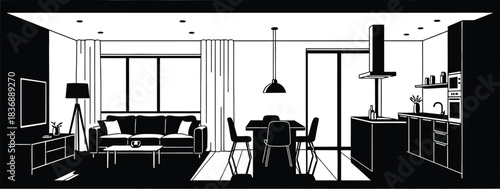 Modern living room interior with kitchen, dining area, and furniture