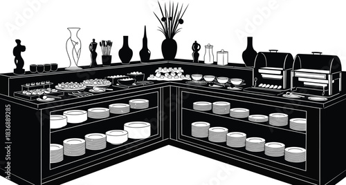 Elegant buffet table with food, plates, and decorative vases