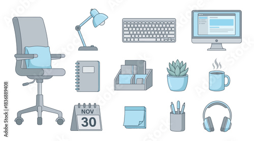 Organized workspace essentials for remote work and study, featuring a modern desk setup with stylish office supplies and technology for increased productivity