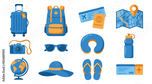 Travel essentials ready for adventure vacation planning and booking flights to your dream destination with a fun, happy journey aesthetic
