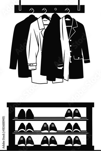 Black and White Coats and Shoes on Rack, Minimalist Style, Clean Look