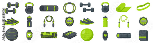 Get motivated with vibrant gym essentials for a healthy lifestyle, perfect for fitness promotions and wellness campaigns, including weights and apparel