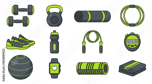 Get motivated with vibrant gym essentials for a healthy lifestyle, perfect for fitness promotions and wellness campaigns, including weights and apparel