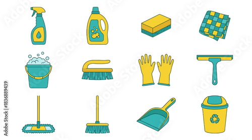 Organized cleaning tools for a spotless home, featuring a spray bottle, gloves, sponge, and mop for a fresh start to spring cleaning projects