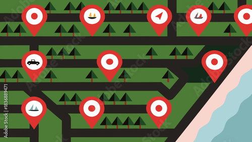 Illustration of a map with roads trees beach and red location markers indicating various points of interest