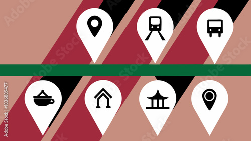 Illustration of location icons with transport and cultural symbols on a colorful background design