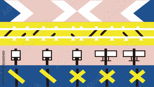 Abstract geometric pattern with train tracks, signals, and crossing signs in varied color blocks