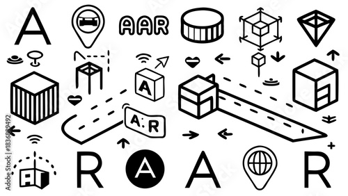 Illustration showcasing augmented reality concepts with letters and geometric shapes in black and white style