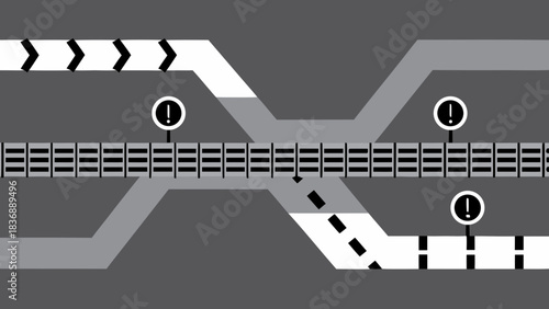 Gray road with arrows and exclamation points indicating potential hazards or important information ahead ahead