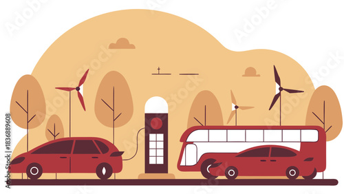 Illustration of electric vehicles charging with wind turbines in the background and trees around them