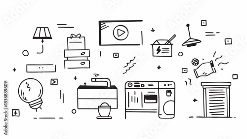 Illustration of various household objects including furniture and appliances in black and white style