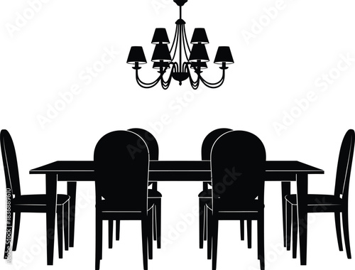 Formal dining room furniture with chandelier, table and chairs