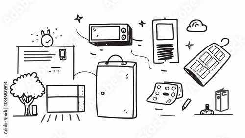 Outline drawing showing a collection of various household objects and office supplies scattered around