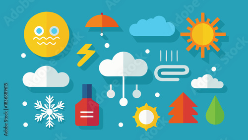 Illustration of weather elements including sun clouds rain snow and a thermometer on blue background