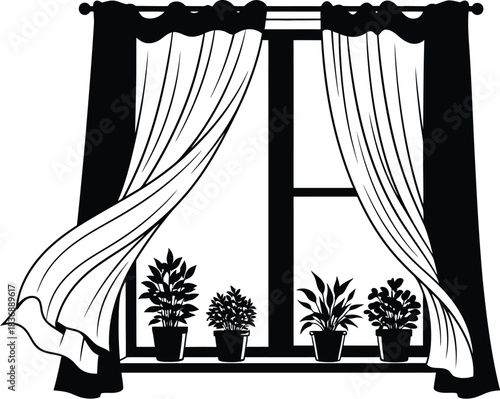 Window with Plants Silhouette, Drape Blowing in the Wind, Home Decor