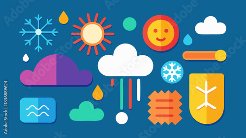 Weather icons including sun cloud snowflake rain and other meteorological elements on a blue background