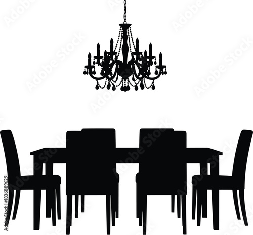 Elegant chandelier and dining set, formal dining room, silhouette