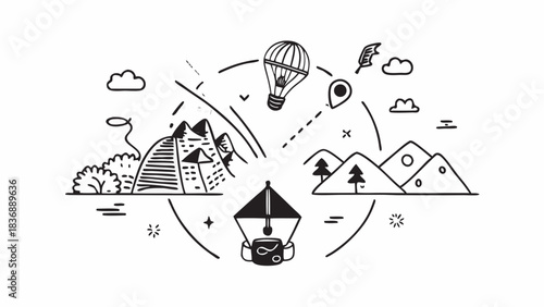 Illustration of a circular travel scene with mountains, balloons, and a pen nib basket ride