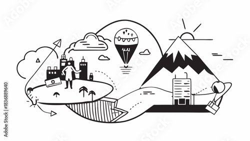 Illustration showing cityscapes mountains and a hot air balloon in a black and white drawing style